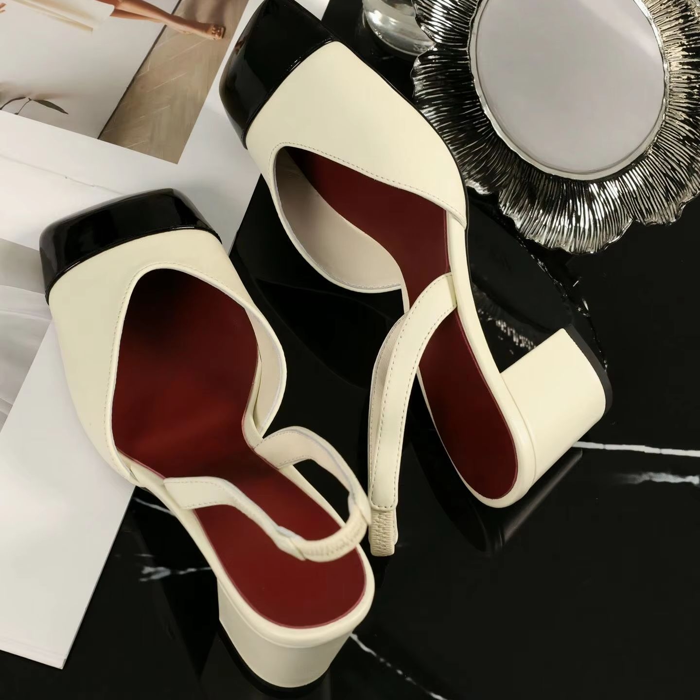 Women Shoes Black - Женские туфли-слингбэки двухцветные, кремово-черные, с лакированным