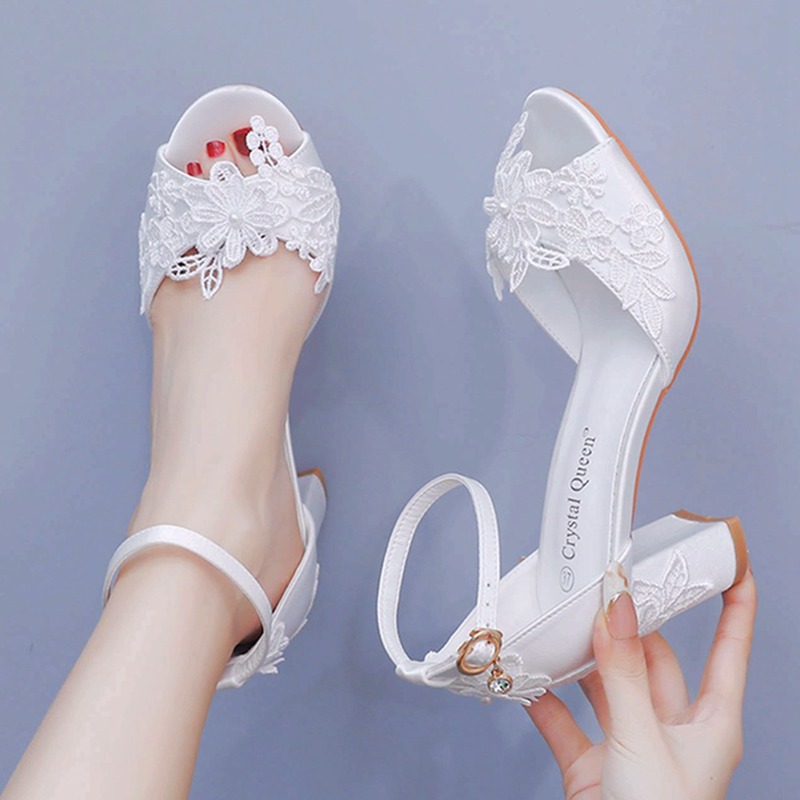 Peep Toe Heels - Женские белые шелковые сандалии на высоком